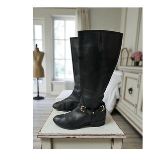 Ralph Lauren Black Leather Riding Boots Size 6.5 Gold‎ Buckle Knee High